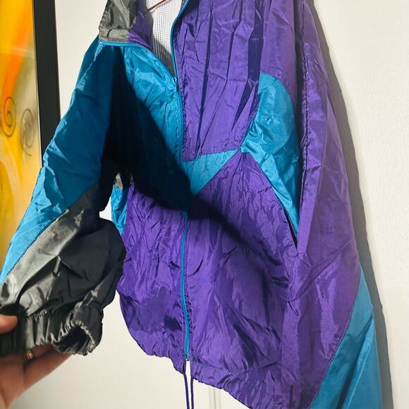 Vintage Activewear 90s Windbreaker Purple Blue Hooded Drawstring Jacket Size M - Picture 6 of 7